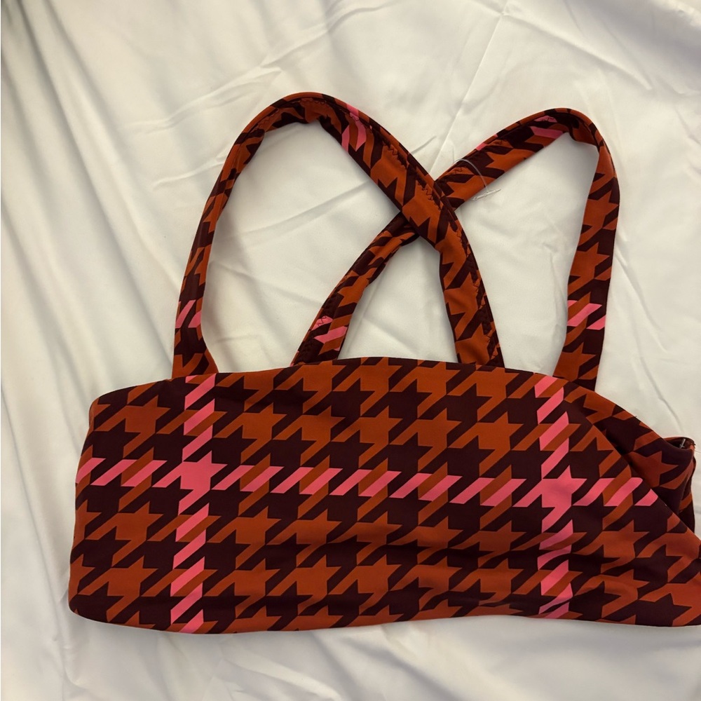 Aerie Offline Collection Brown and Pink Houndstooth Sports Bra NWOT Size L